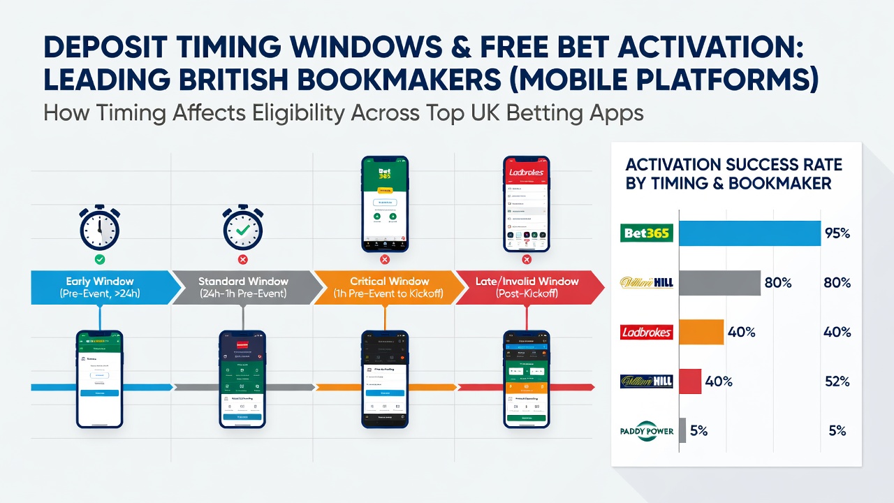 Comparison view of multiple British bookmaker mobile apps highlighting deposit processing timelines and free bet credit alerts